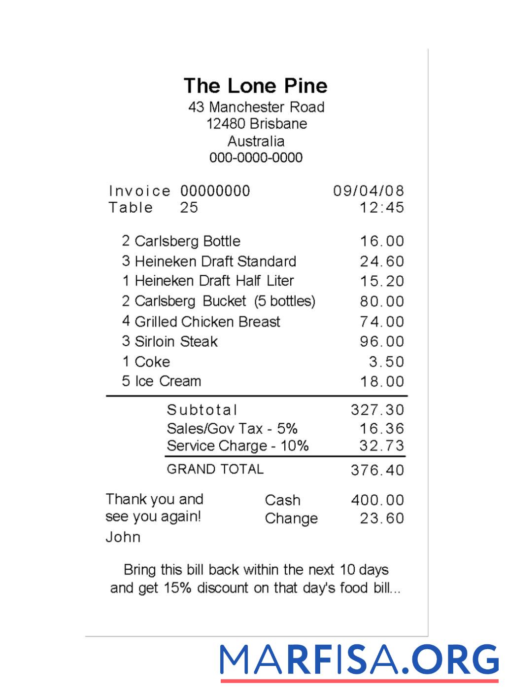 Blank THE LONE PINE payment check sample